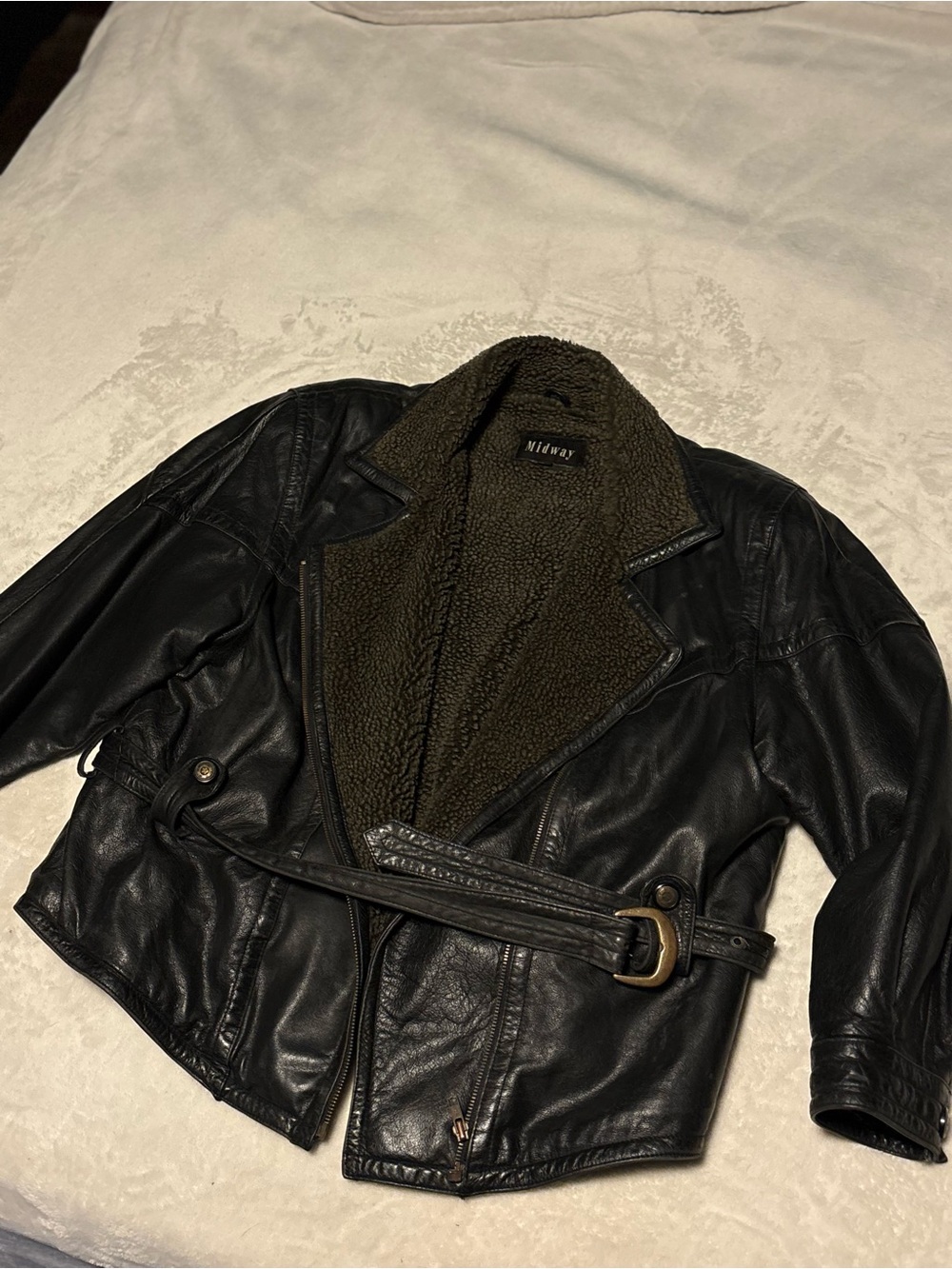 Black vintage Leather Biker Jacket with Sherpa Lining